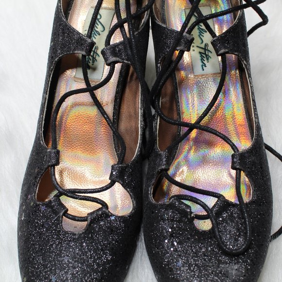 Lulu Hun Black Lace Up Sparkle Iridescent Star Block Heel Size 5 - Picture 7 of 15